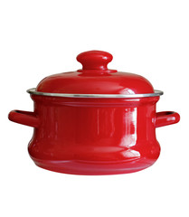 Casserole of red color with a lid isolated on a white background