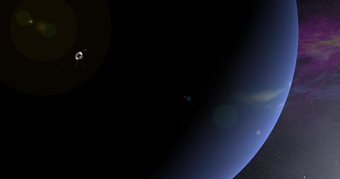 Long shot with lens effects and nebulae: the Voyager spacecraft in orbit around Neptune. Reversible, can be rotated 180 degrees. Elements of this image furnished by NASA.