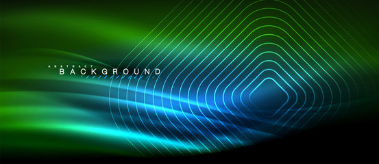 Neon glowing lines, magic energy space light concept, abstract background wallpaper design