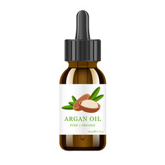 Realistic brown glass bottle with argan extract. Beauty and cosmetics oil - argan. Product label and logo template. Isolated vector illustration.