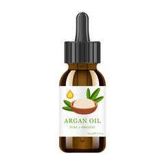 Realistic brown glass bottle with argan extract. Beauty and cosmetics oil - argan. Product label and logo template. Isolated vector illustration.