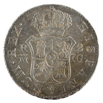 Ancient Spanish silver coin of the King Fernando VII. 1813. Coined in Madrid. 2 Reales. Reverse.