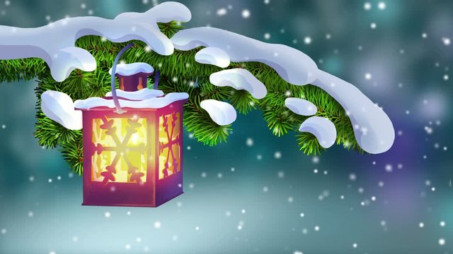 Christmas Сard Lantern With Out Greeting Text. Hand drawn animation with tree branch, сhristmas lantern and elf 