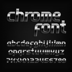 Chrome alphabet font. Metal effect small caps letters and numbers. Stock vector typeface for typography design.