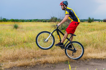 Cyclist riding on the rear wheel of the bicycle, active lifestyle.