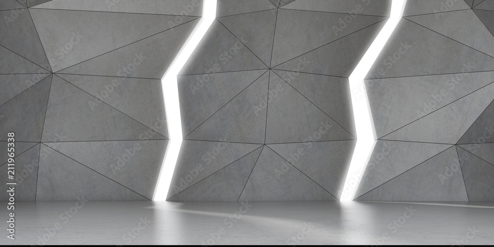 Poster 3D stimulate of concrete polygon interior space with sun light cast the shadow on the wall and floor,Perspective of minimal design architecture,3d rendering	