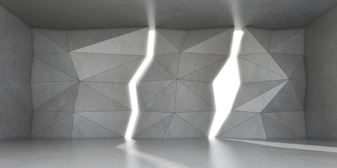 3D stimulate of concrete polygon interior space with sun light cast the shadow on the wall and floor,Perspective of minimal design architecture,3d rendering	