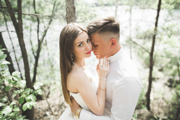 Fototapeta premium Kissing wedding couple staying over beautiful landscape