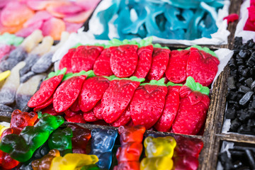 The most delicious jelly gummy bears and strawberries