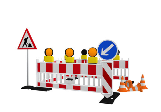 Baustellenabsperrung mit Baustellenschild, Richtungsweiser und Verkehrshütchen. 3d render