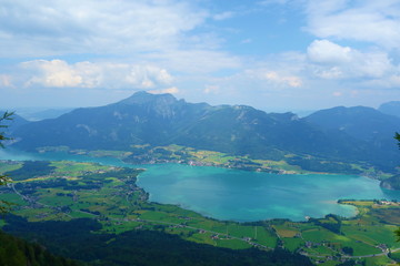 Fototapeta premium View from the top of the mountain called Bleckwand overlooking Wolfgangsee in Austria, Europe