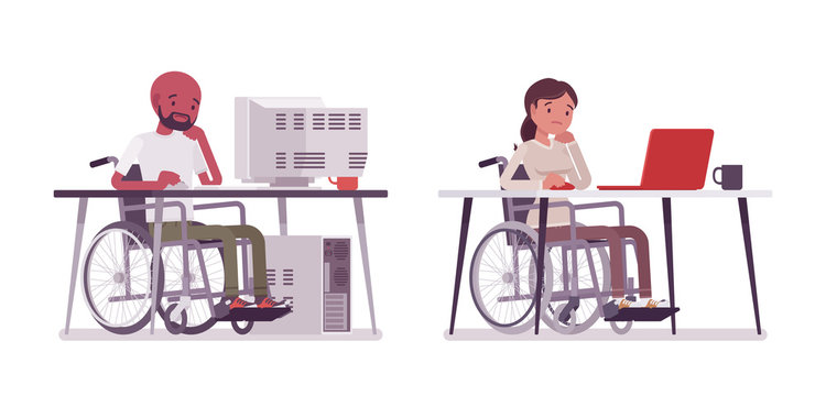 Male And Female Young Wheelchair User Working With Computer