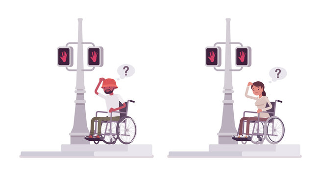 Male, female wheelchair user bumping into traffic light pole