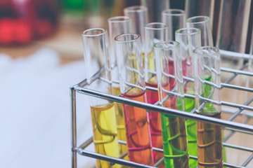 Stand with test tubes isolated on white. Several chemical solution in flask. Laboratory glassware