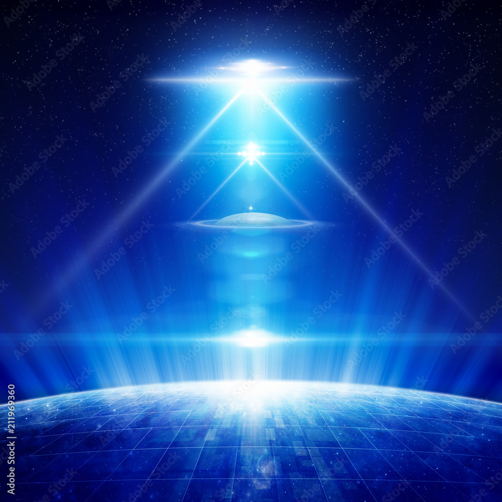 Wall mural abstract sci-fi background - ufo with bright spotlights above planet