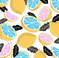 Seamless summer pattern with sliced lemons. Vector illustration.