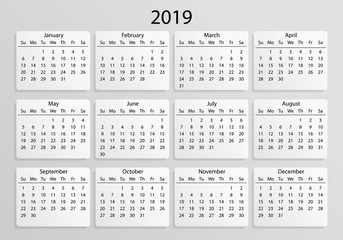 Calendar 2019. Calendar 3d realistic mock up 2019. Calendar grid on white background with shadow. Vector illustration AI10.