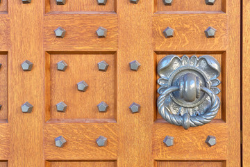 Old lacquered massive Door. Door handle in the form of a ring.