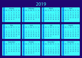 Calendar 2019. Calendar grid 2019 year on blue background. Sunday starts. Vector illustration AI10.