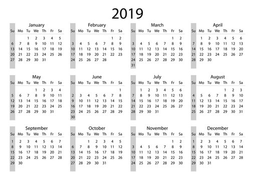 Calendar 2019. Calendar grid 2019 year black on white background. Sunday starts. Vector illustration AI10.