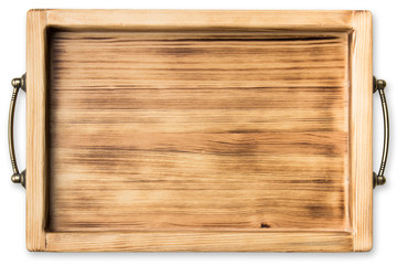vintage wooden tray isolated on white background