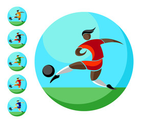Soccer player kicks the ball. colored icon in a circle with sky and grass, sign, logo, football emblem. Football players of different colors of skin and races