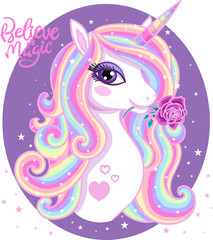 Believe in magic. A beautiful, rainbow unicorn with a rose. In the oval frame. Vector illustration for your design.