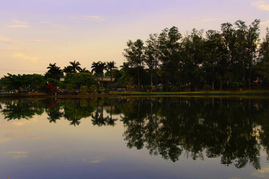 Nature lake Water mirror reflection trees at sunset outdoor amanhecer anoitecer parque reflexo &aacute;rvores beautiful sky crep&uacute;sculo landscape sunrise green blue summer panorama