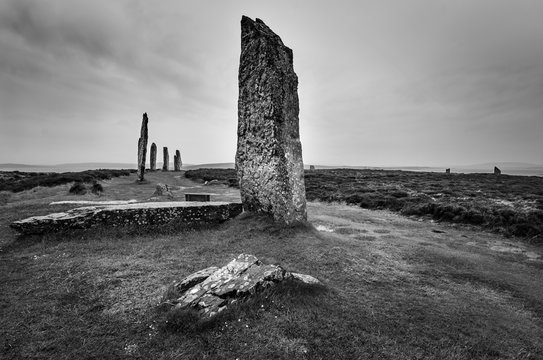 Orkney Islands Scottish monoliths black and white, Scottish landscape. Scotland, Great Britain