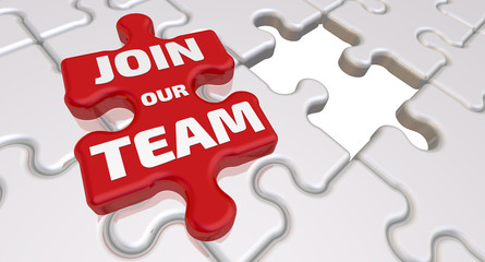 Join our team. The inscription on the missing element of the puzzle. Folded white puzzles elements and one red with text: JOIN OUR TEAM. 3D Illustration