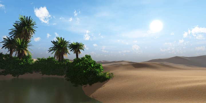 oasis in the desert of sand. Lake with palm trees in the sands.
3D rendering
