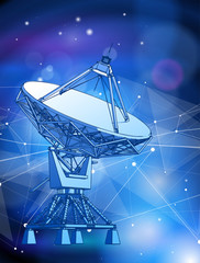 Satellite Dishes Antenna - doppler radar, digital wave and blue technology background - abstract illustration of science, astronomy, information technology, network solutions and digital technologies