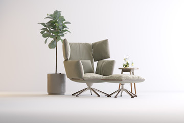 armchair, table, vase, plant