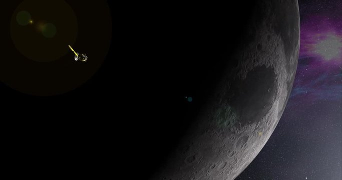 Long shot with lens effects and nebulae: the Cassini spacecraft in a slingshot path around Earth's Moon. Reversible, can be rotated 180 degrees. Elements of this image furnished by NASA.
