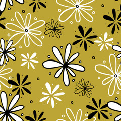 seamless background of graphic white and black flowers on a yellow background