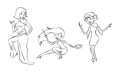 waiter office worker Man girls in evening gowns artist woman on horseback, the woman is sitting woman with documents cartoon vector animated characters, painted people, office workers, men and women, 