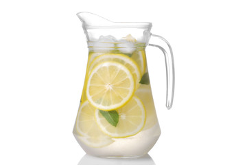 Homemade lemonade with mint and ice with a glass jug on a white background. isolated - obrazy, fototapety, plakaty