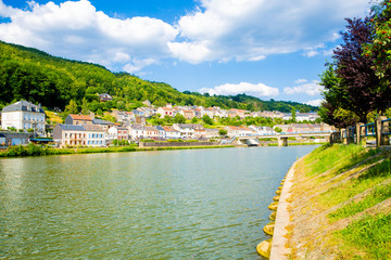 Scenic Monthermé with the river Meuse in the French Ardennes, Region Grand Est, Champagne-Ardenne,...