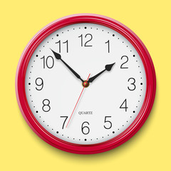 Classic round wall clock with red glossy body isolated on bright yellow background. Vector illustration.
