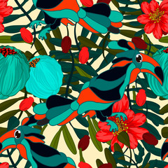 Vector floral ethnic seamless pattern in doodle style with flowers , leaves and birds . Gentle, spring/summer floral background.