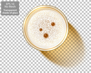 Top view on Glass of Beer isolated on transparent background. Beer Mug filled of lager with foamy bubbles. Realistic shadow of transparent glass for use with any backdrop. Vector Illustration. No Mesh