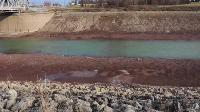 Slow Pan right of Low water level in Welland Canal ontario near Lock 7 Thorold, Ontario Canada.