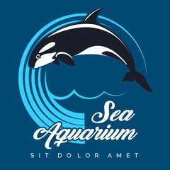 Sea Aquarium Emblem with Jumping Orca