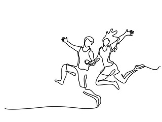 Happy running couple. Continuous one line drawing. Vector illustration on white background