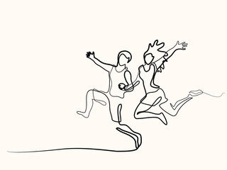 Fototapeta na wymiar Happy running couple. Continuous one line drawing. Vector illustration on white background