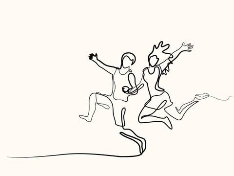 Happy running couple. Continuous one line drawing. Vector illustration on white background