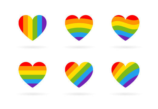 Pride LGBT heart vector icon set, Lesbian gay bisexual transgender concept love symbol. Collection of Color rainbow flag. Flat design signs isolated on white background