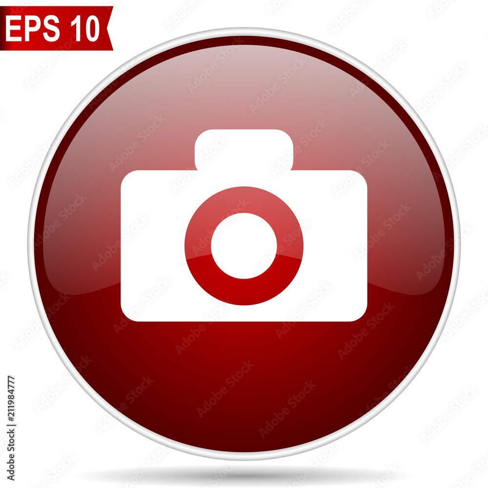 Poster Camera cherry red glossy round web vector icon. Editable simple circle modern design internet button on white background.