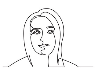 continuous line drawing of pretty woman portrait on white background