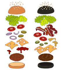 Group of vector colorful illustrations on the theme fast food; set of isolated products for cooking burgers. 